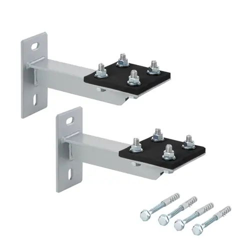 Wandkonsole von Oventrop, bestehend aus zwei Halterungen mit Schrauben und Platten, zur Befestigung von Verteilerbalken, mit mehreren Montagepunkten.
